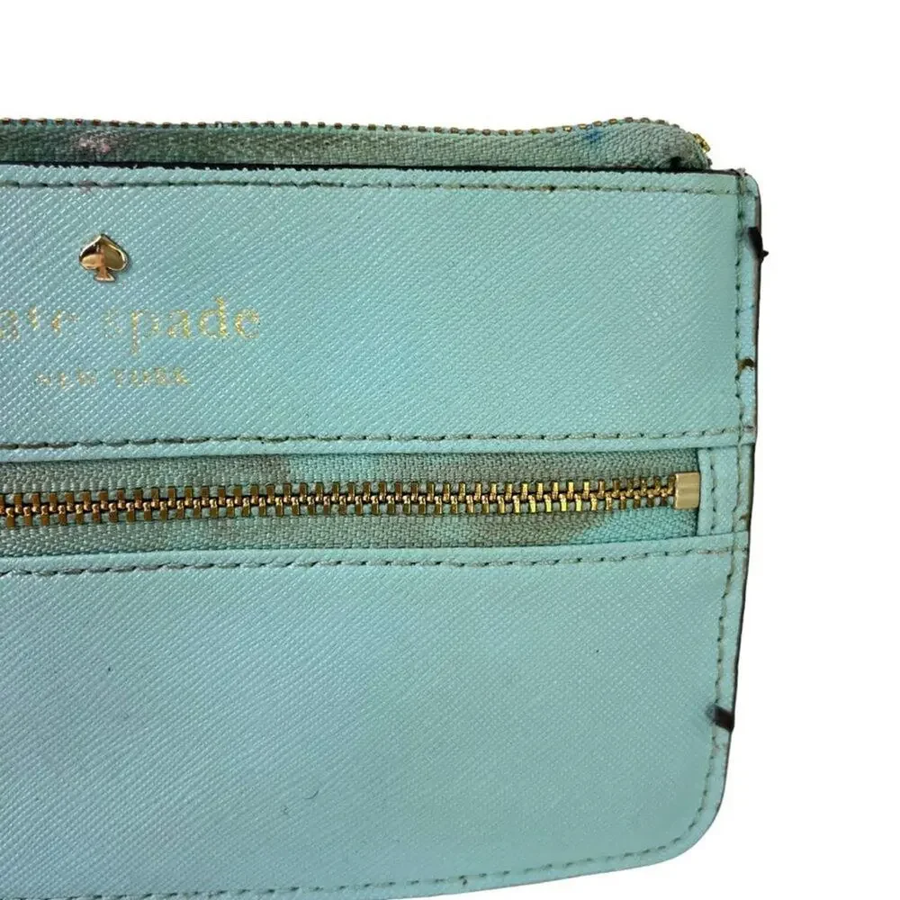 Kate Spade New York Aqua Blue Wristlet Coin Purse 100% Cow Hide Genuine Leather